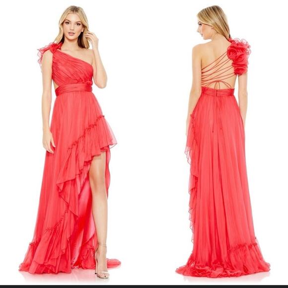 NWT Mac Duggal Ruffled One Shoulder Asymmetrical Gown Hot Pink Fuschia Size 6
